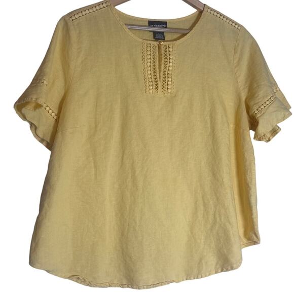 Vintage Liz Claiborne Linen Cotton Blend Blouse Large Yellow Eyelet Short Sleeve - Picture 1 of 8